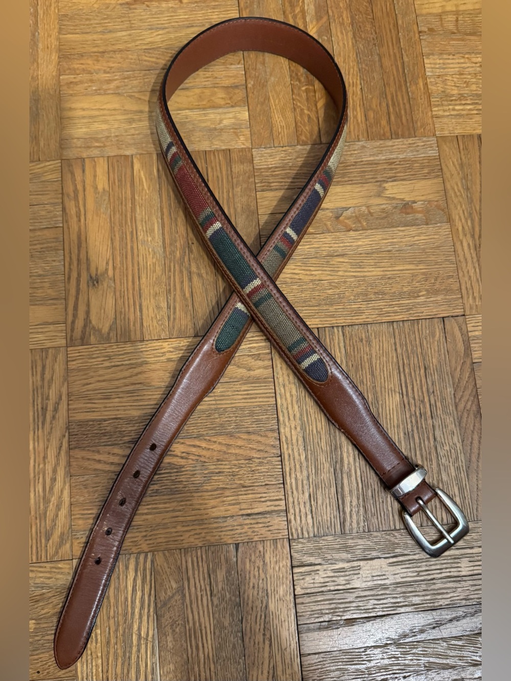 Brown Leather Men's Belt with Multicolor Woven Detail & silver Tone Buckle